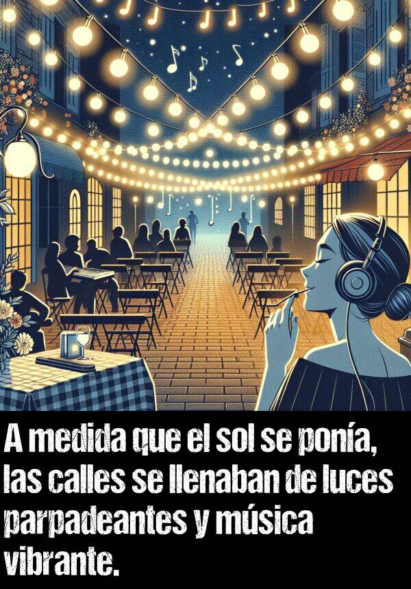 medida: A medida que el sol se pona, las calles se llenaban de luces parpadeantes y msica vibrante.