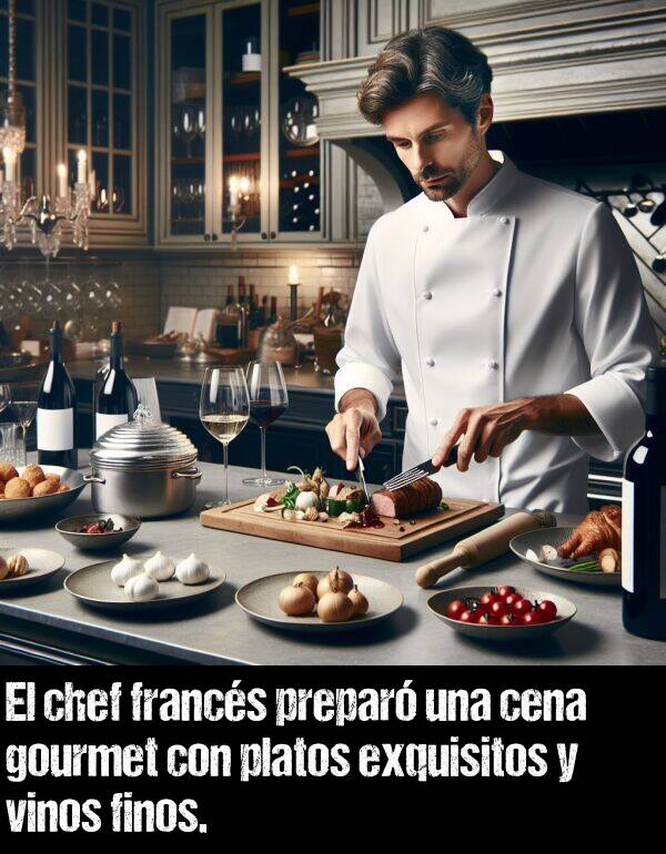 finos: El chef francs prepar una cena gourmet con platos exquisitos y vinos finos.