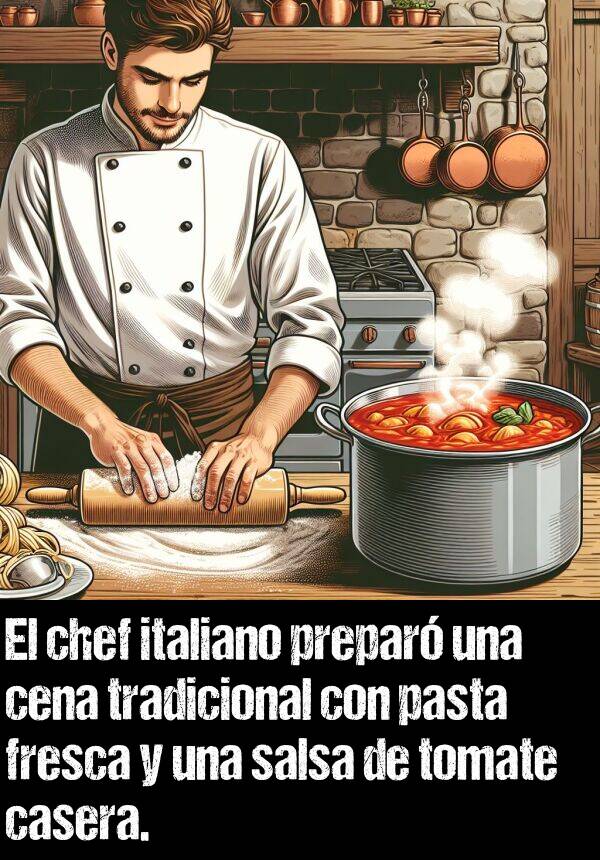 italiano: El chef italiano prepar una cena tradicional con pasta fresca y una salsa de tomate casera.