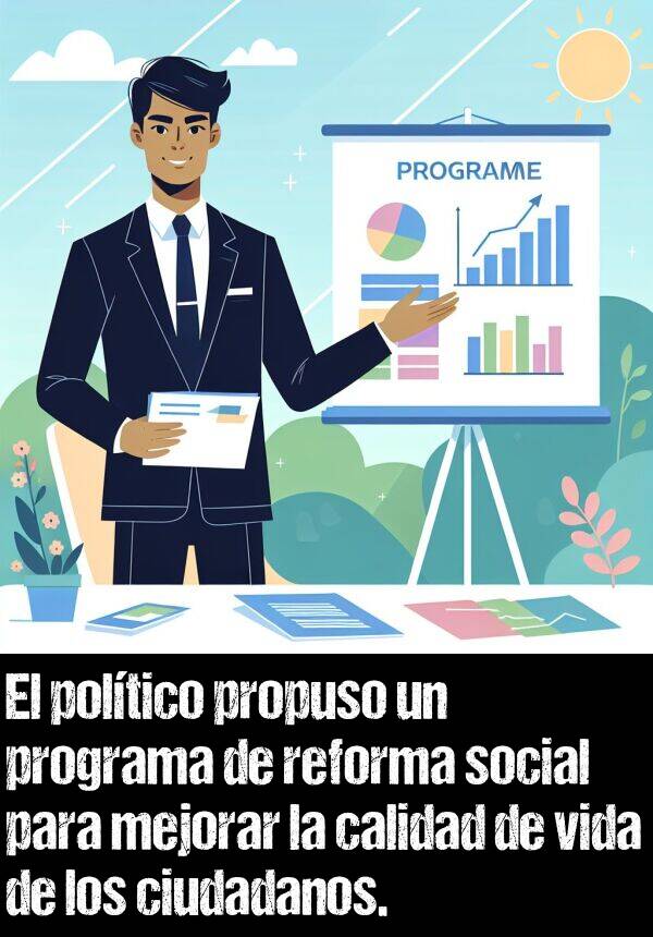 propuso: El poltico propuso un programa de reforma social para mejorar la calidad de vida de los ciudadanos.