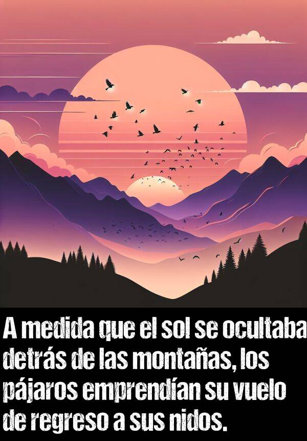 emprendan: A medida que el sol se ocultaba detrs de las montaas, los pjaros emprendan su vuelo de regreso a sus nidos.