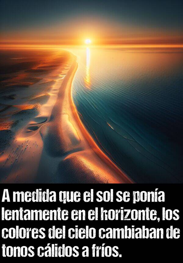 cambiaban: A medida que el sol se pona lentamente en el horizonte, los colores del cielo cambiaban de tonos clidos a fros.