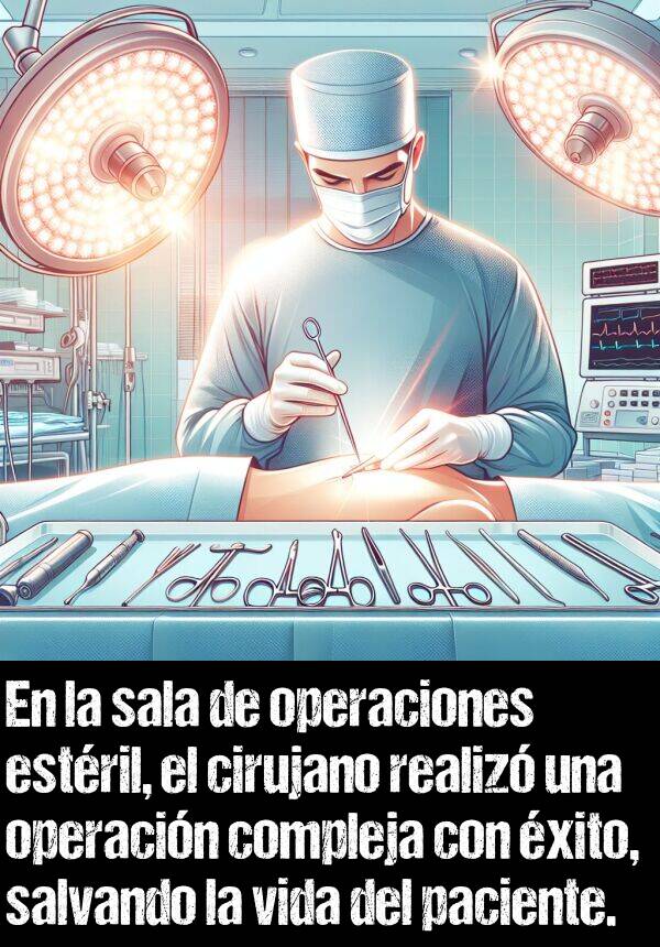 operaciones: En la sala de operaciones estril, el cirujano realiz una  compleja con xito, salvando la vida del paciente.