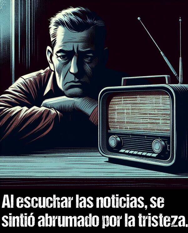 escuchar: Al escuchar las noticias, se sinti abrumado por la tristeza.