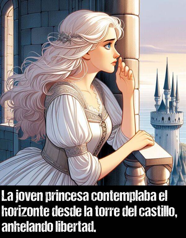 contemplaba: La joven princesa contemplaba el horizonte desde la torre del castillo, anhelando libertad.