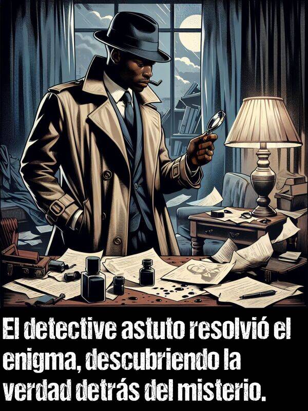 detective: El detective astuto resolvi el enigma, descubriendo la verdad detrs del misterio.