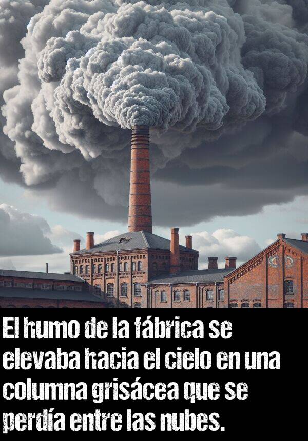 humo: El humo de la fbrica se elevaba hacia el cielo en una columna griscea que se perda entre las nubes.