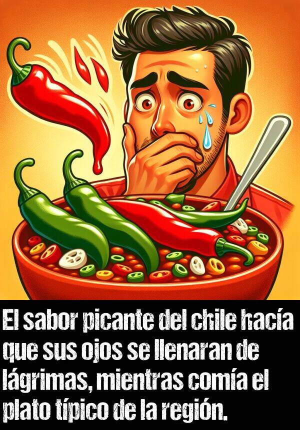 lgrimas: El sabor picante del chile haca que sus ojos se llenaran de lgrimas, mientras coma el plato tpico de la regin.