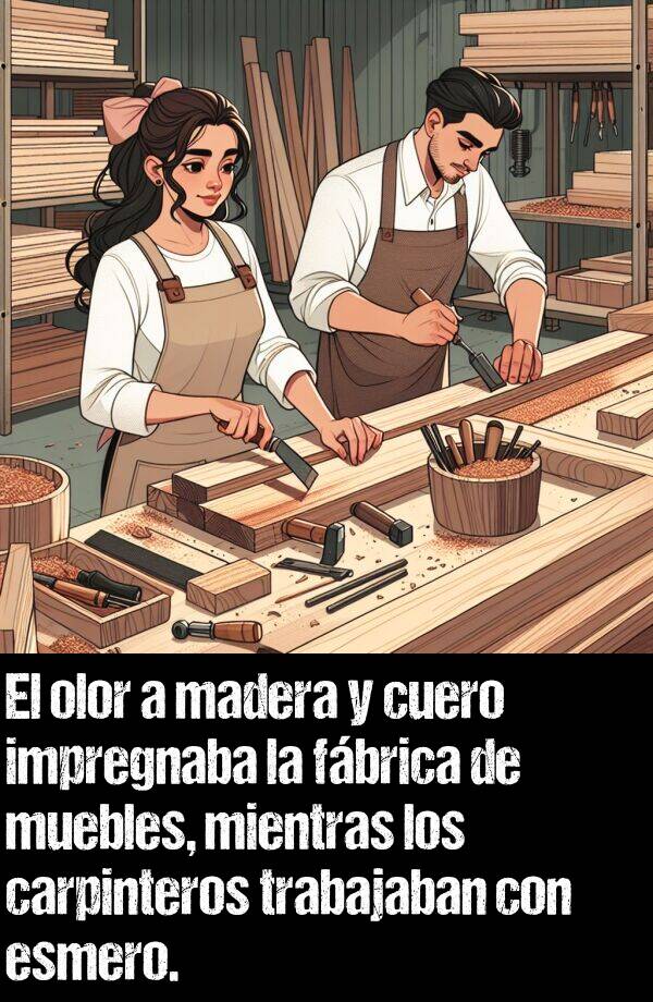 muebles: El olor a madera y cuero impregnaba la fbrica de muebles, mientras los carpinteros trabajaban con esmero.