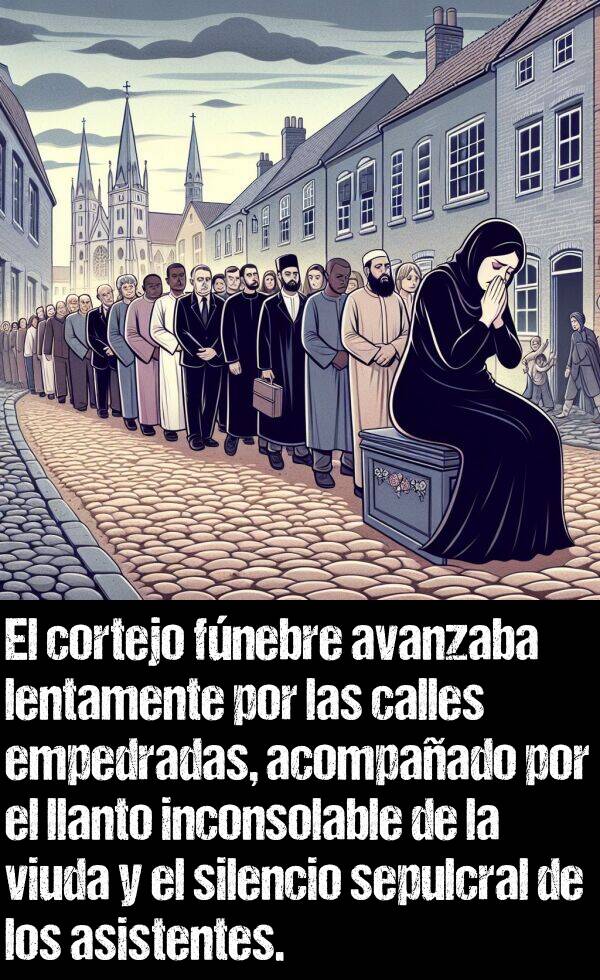 fnebre: El cortejo fnebre avanzaba lentamente por las calles empedradas, acompaado por el llanto inconsolable de la viuda y el silencio sepulcral de los asistentes.