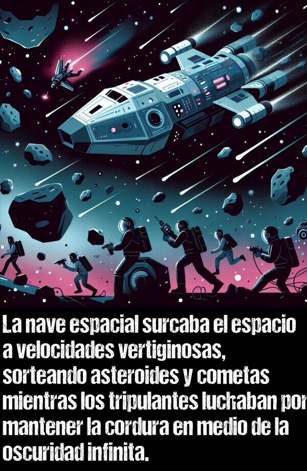 infinita: La nave espacial surcaba el espacio a velocidades vertiginosas, sorteando asteroides y cometas mientras los tripulantes luchaban por mantener la cordura en medio de la oscuridad infinita.
