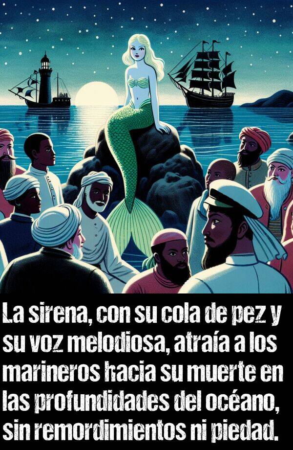 melodiosa: La sirena, con su cola de pez y su voz melodiosa, atraa a los marineros hacia su muerte en las profundidades del ocano, sin remordimientos ni piedad.