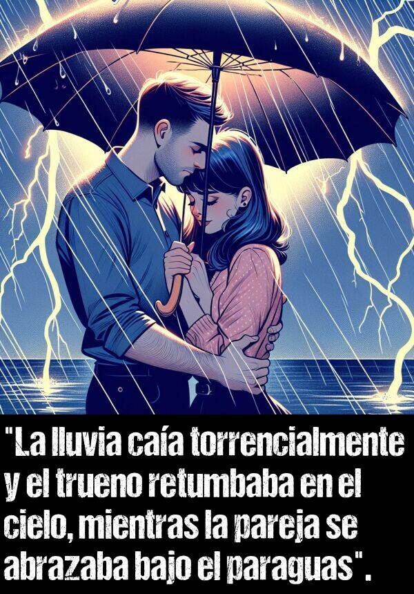 torrencialmente: "La lluvia caa torrencialmente y el trueno retumbaba en el cielo, mientras la pareja se abrazaba bajo el paraguas".