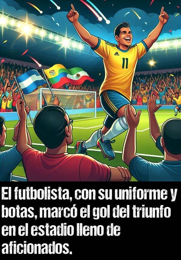 gol: El futbolista, con su uniforme y botas, marc el gol del triunfo en el estadio lleno de aficionados.