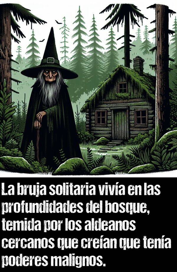 bruja: La bruja solitaria viva en las profundidades del bosque, temida por los aldeanos cercanos que crean que tena poderes malignos.