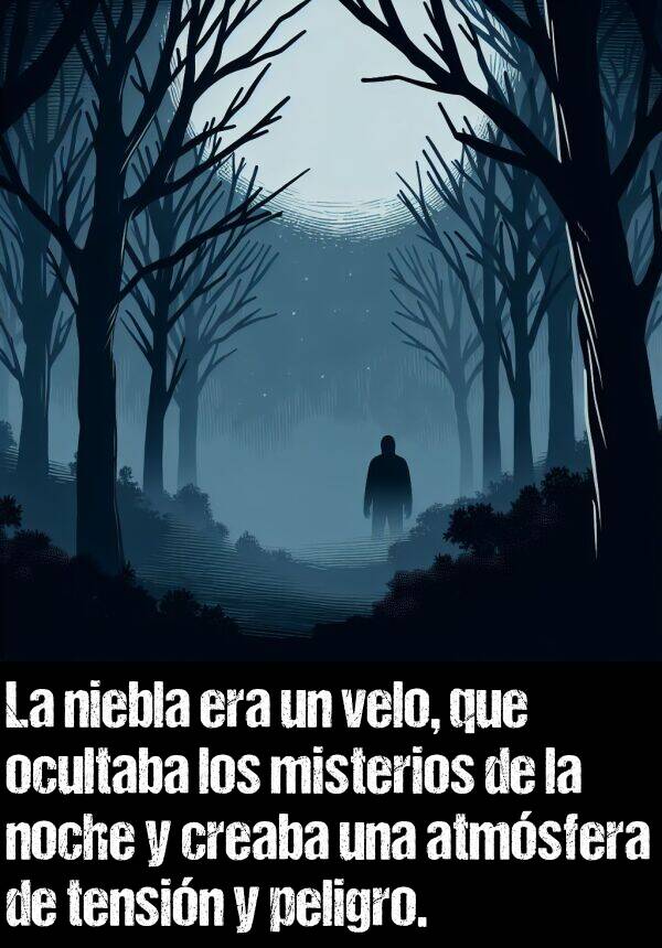 peligro: La niebla era un velo, que ocultaba los misterios de la noche y creaba una atmsfera de tensin y peligro.