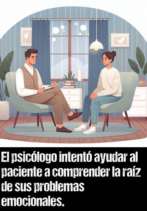 ayudar: El psiclogo intent ayudar al paciente a comprender la raz de sus problemas emocionales.