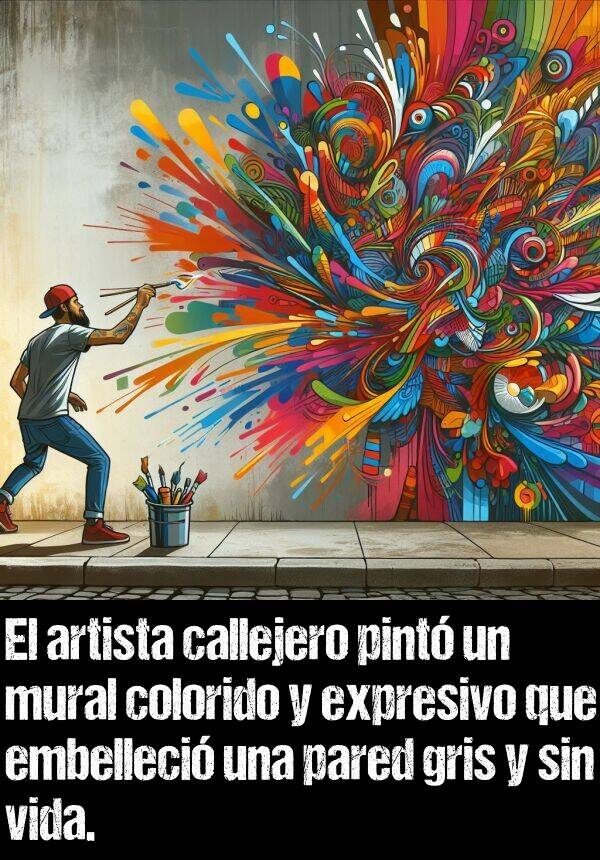 embelleci: El artista callejero pint un mural colorido y expresivo que embelleci una pared gris y sin vida.