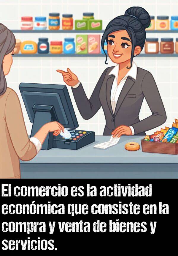 actividad: El comercio es la actividad econmica que consiste en la compra y venta de bienes y servicios.