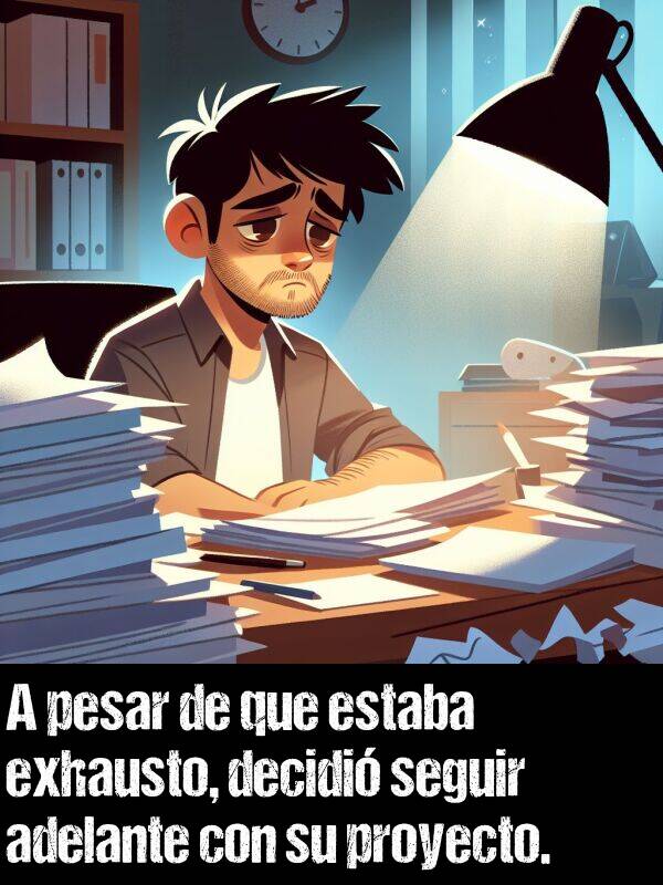 exhausto: A pesar de que estaba exhausto, decidi seguir adelante con su proyecto.