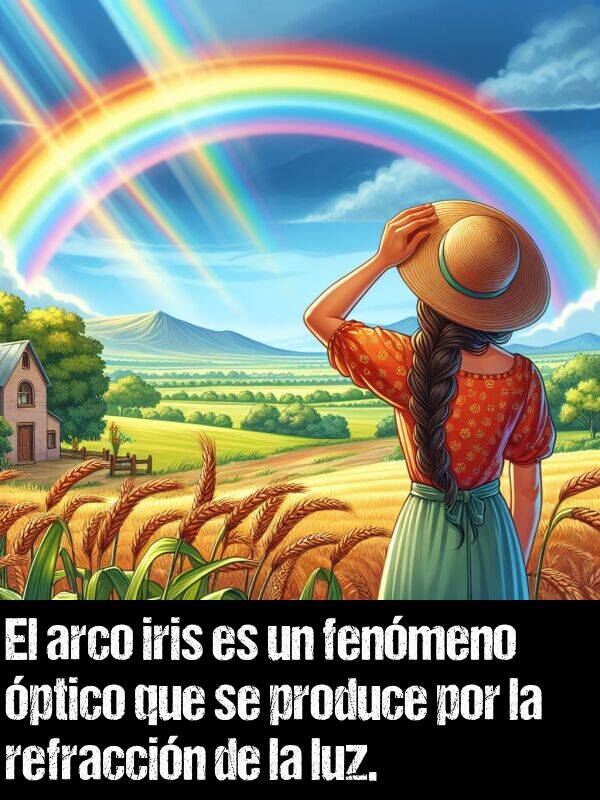 produce: El arco iris es un fenmeno ptico que se produce por la refraccin de la luz.