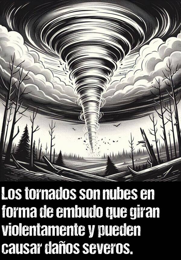 violentamente: Los tornados son nubes en forma de embudo que giran violentamente y pueden causar daos severos.