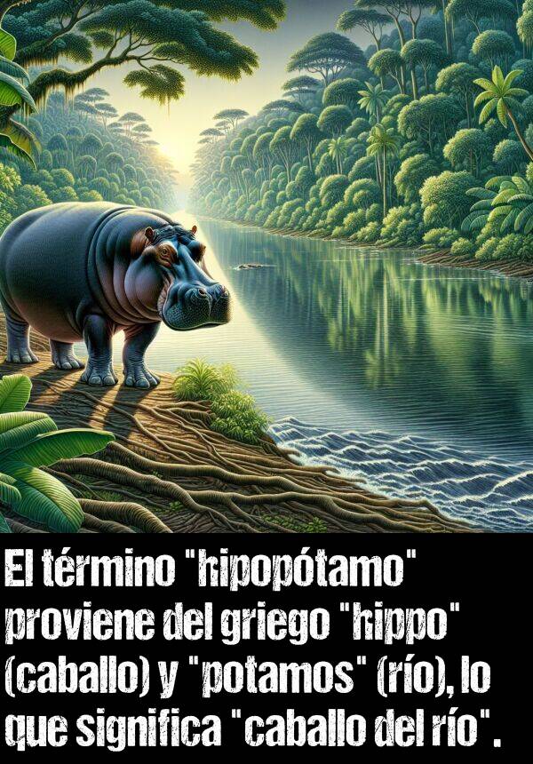 proviene: El trmino "hipoptamo" proviene del griego "hippo" (caballo) y "potamos" (ro), lo que significa "caballo del ro".