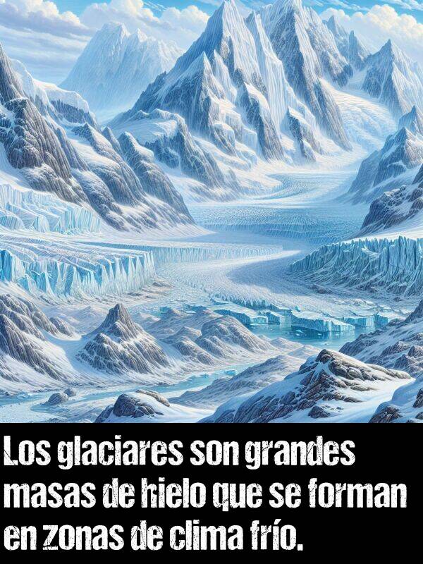 masas: Los glaciares son grandes masas de hielo que se forman en zonas de clima fro.