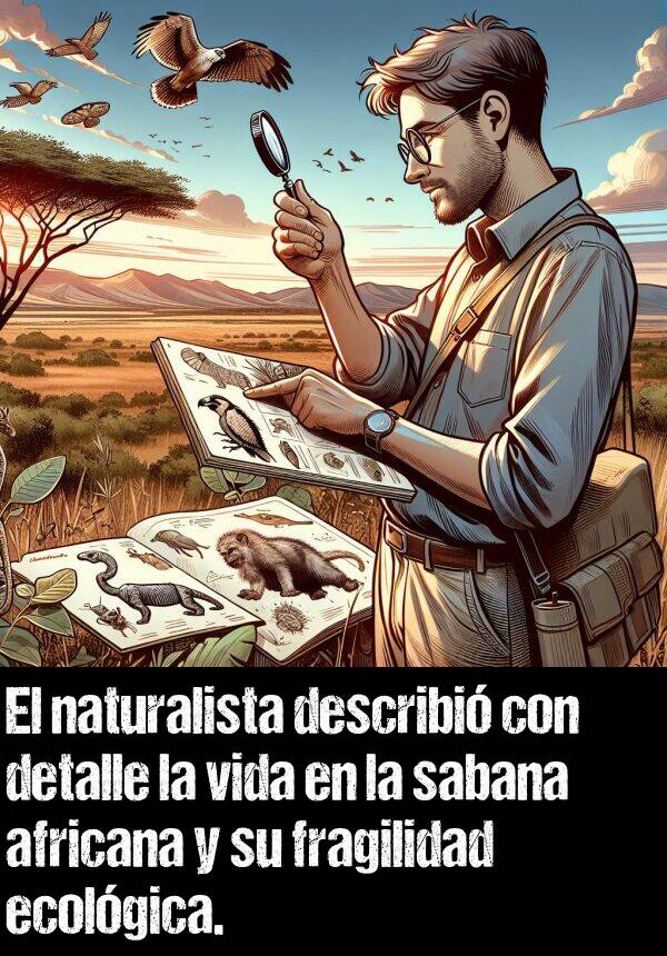 naturalista: El naturalista describi con detalle la vida en la sabana africana y su fragilidad ecolgica.