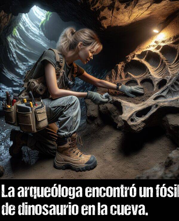 encontr: La arqueloga encontr un fsil de dinosaurio en la cueva.