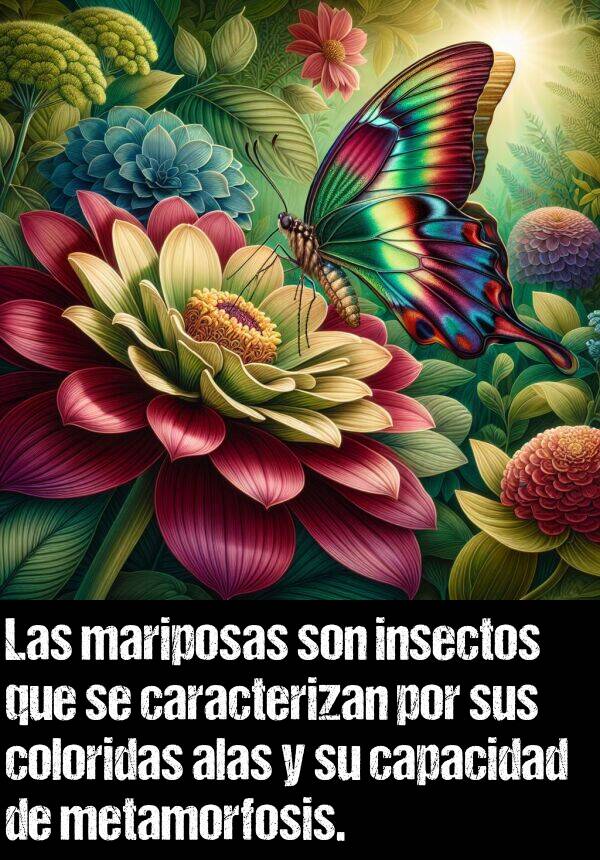 mariposas: Las mariposas son insectos que se caracterizan por sus coloridas alas y su capacidad de metamorfosis.