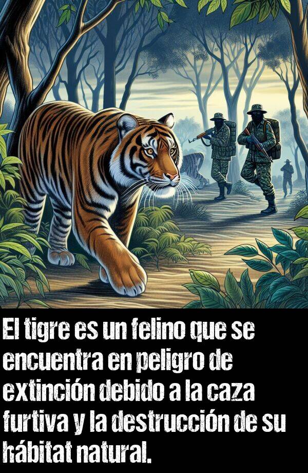 felino: El tigre es un felino que se encuentra en peligro de extincin debido a la caza furtiva y la destruccin de su hbitat natural.