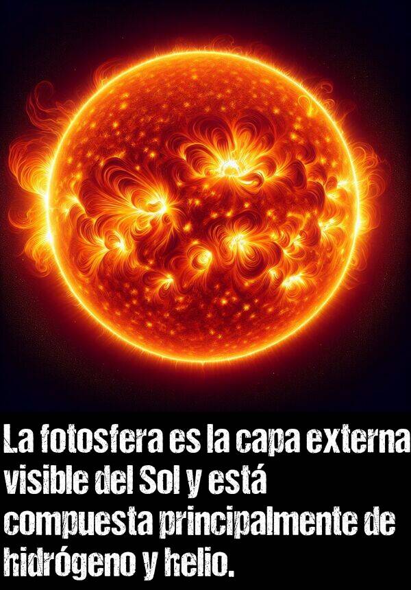 fotosfera: La fotosfera es la capa externa visible del Sol y est compuesta principalmente de hidrgeno y helio.