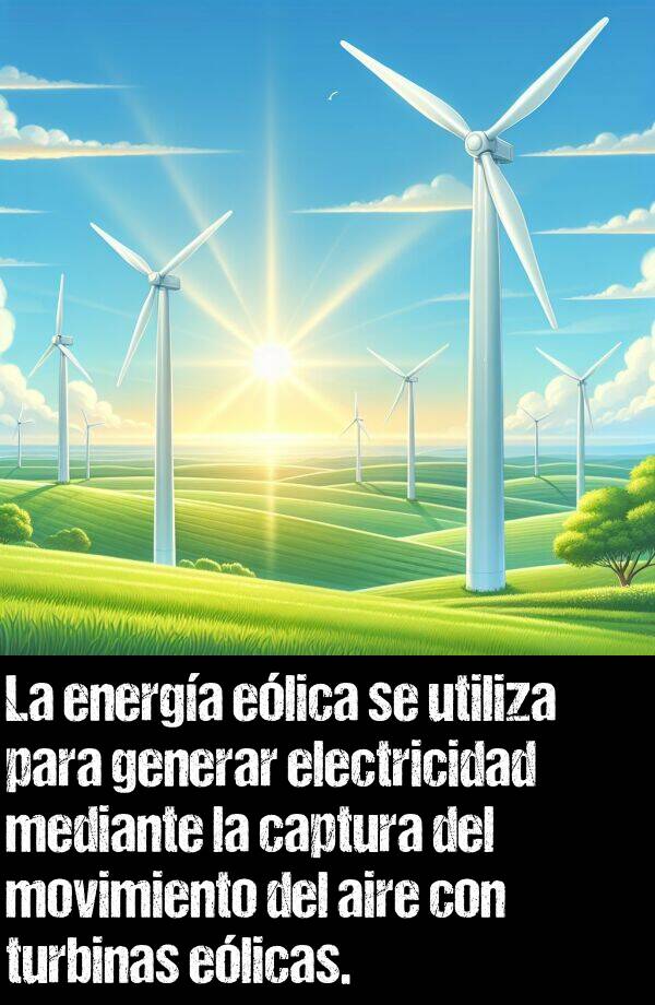 elica: La energa elica se utiliza para generar electricidad mediante la captura del movimiento del aire con turbinas elicas.