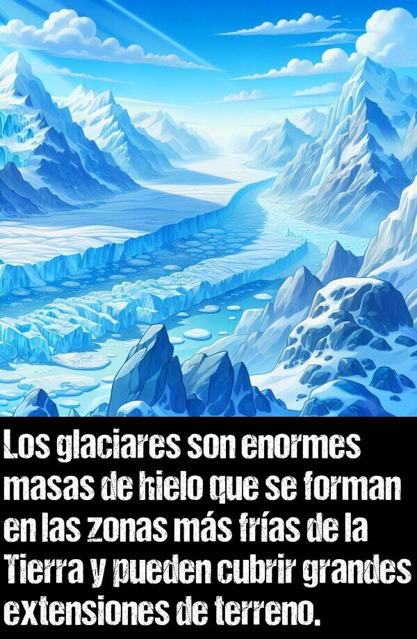 extensiones: Los glaciares son enormes masas de hielo que se forman en las zonas ms fras de la Tierra y pueden cubrir grandes extensiones de terreno.