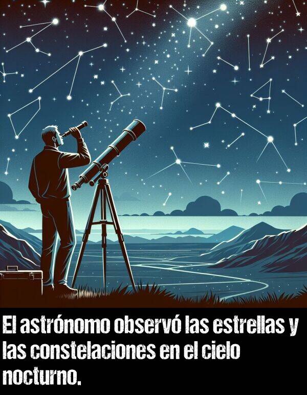 observ: El astrnomo observ las estrellas y las constelaciones en el cielo nocturno.