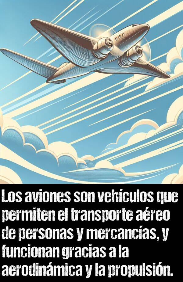 funcionan: Los aviones son vehculos que permiten el transporte areo de personas y mercancas, y funcionan gracias a la aerodinmica y la propulsin.