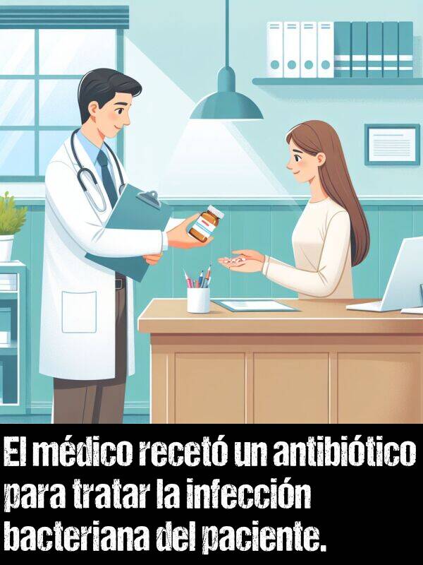 paciente: El mdico recet un antibitico para tratar la infeccin bacteriana del paciente.