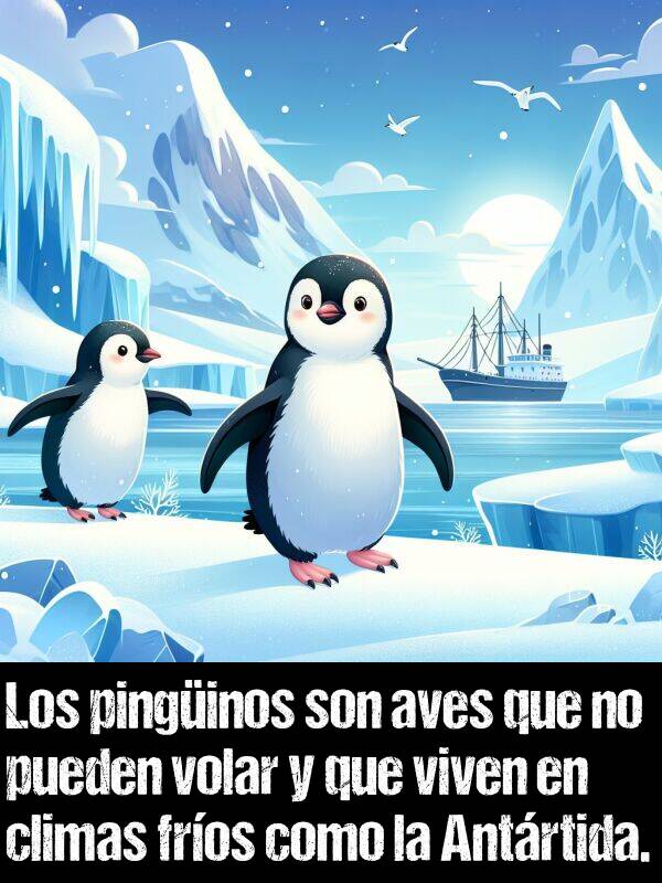 climas: Los pinginos son aves que no pueden volar y que viven en climas fros como la Antrtida.