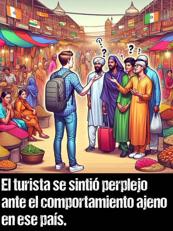 ante: El turista se sinti perplejo ante el comportamiento ajeno en ese pas.