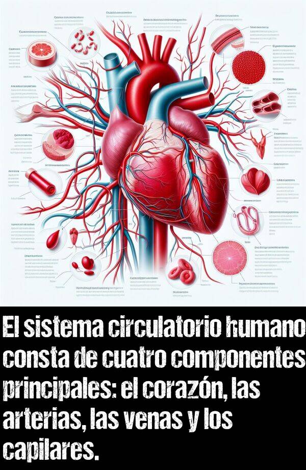 circulatorio: El sistema circulatorio humano consta de cuatro componentes principales: el corazn, las arterias, las venas y los capilares.