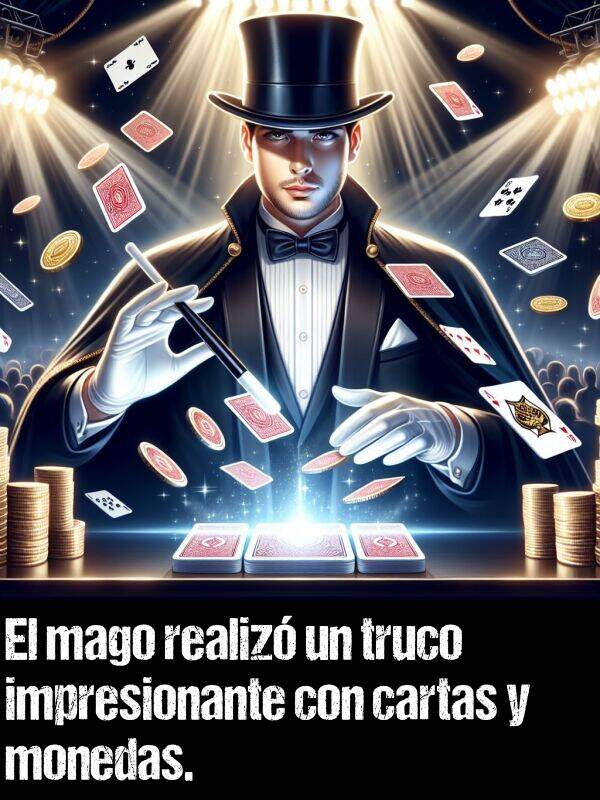 mago: El mago realiz un truco impresionante con cartas y monedas.