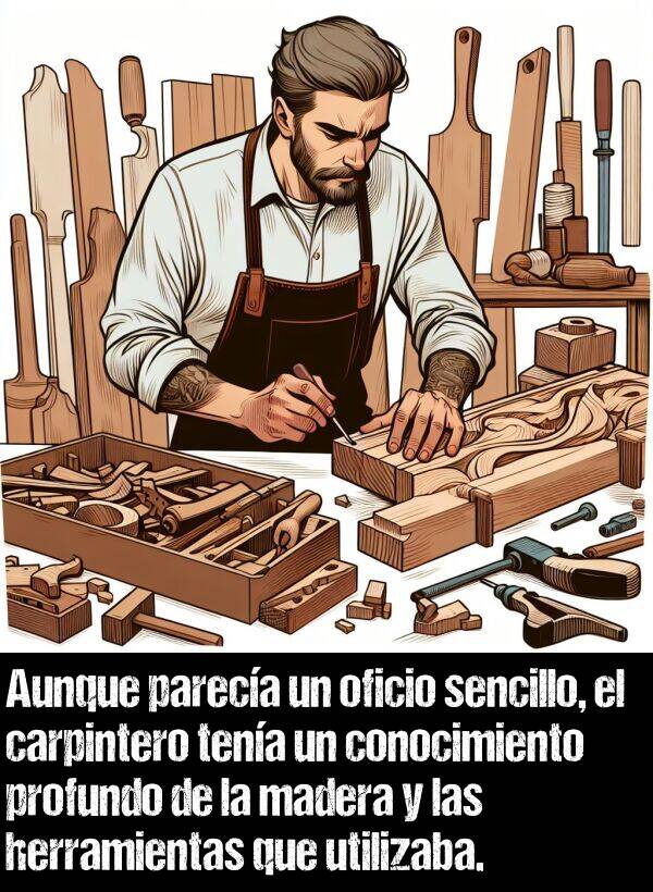 sencillo: Aunque pareca un oficio sencillo, el carpintero tena un conocimiento profundo de la madera y las herramientas que utilizaba.