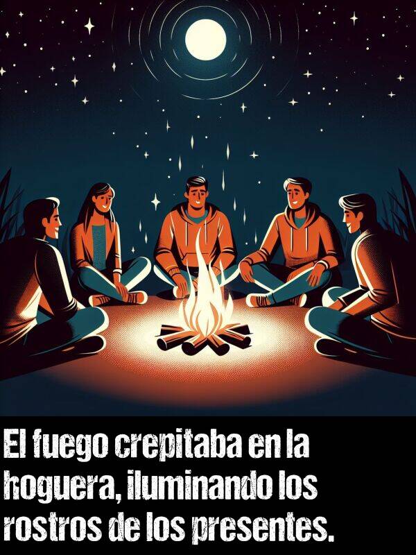 crepitar: El fuego crepitaba en la hoguera, iluminando los rostros de los presentes.