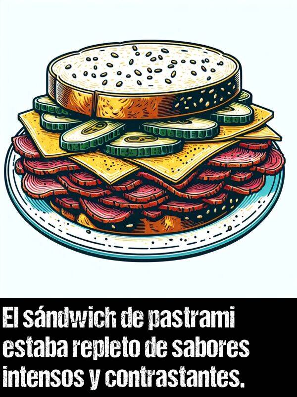 contrastante: El sndwich de pastrami estaba repleto de sabores intensos y contrastantes.