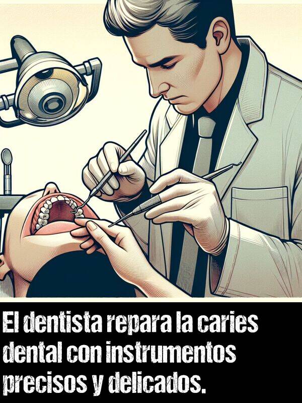 dental: El dentista repara la caries dental con instrumentos precisos y delicados.