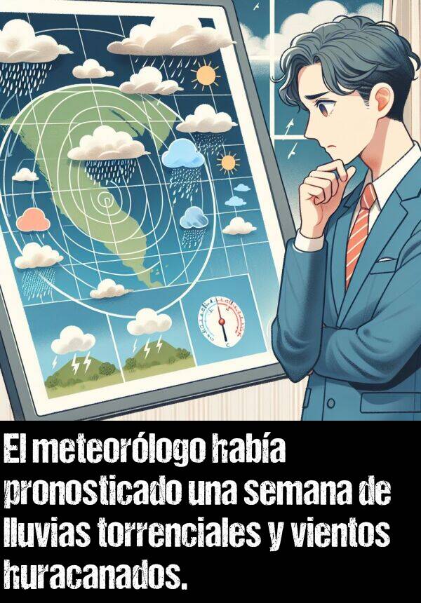 pronosticar: El meteorlogo haba pronosticado una semana de lluvias torrenciales y vientos huracanados.