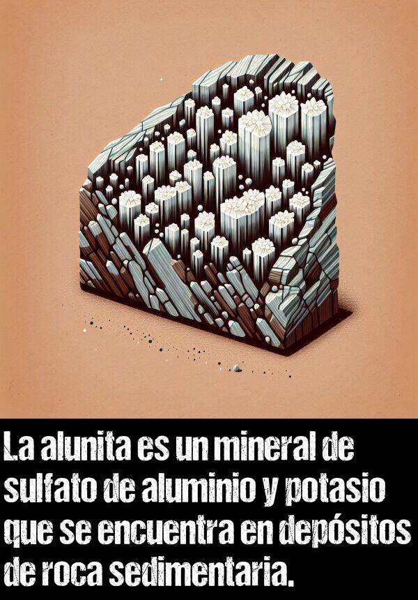 potasio: La alunita es un mineral de sulfato de aluminio y potasio que se encuentra en depsitos de roca sedimentaria.