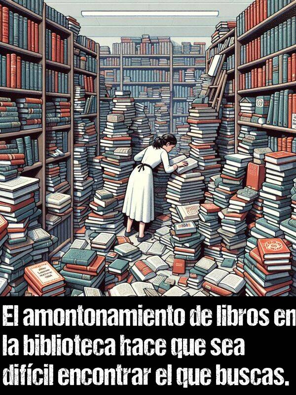 buscas: El amontonamiento de libros en la biblioteca hace que sea difcil encontrar el que buscas.