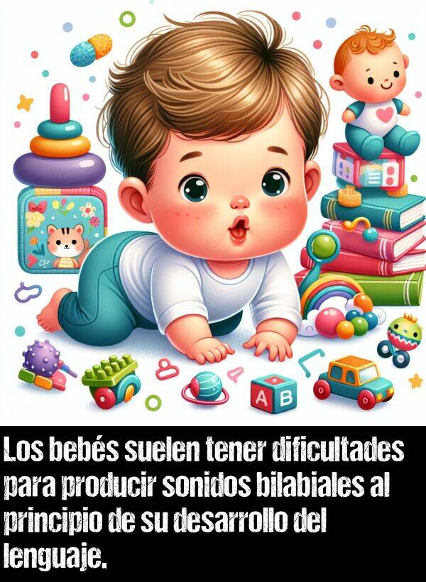 producir: Los bebs suelen tener dificultades para producir sonidos bilabiales al principio de su desarrollo del lenguaje.